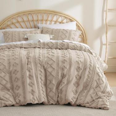 Imagem de Capa de edredom Bedsure Boho Queen Size tufada 3 peças cáqui
