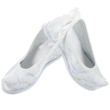 Imagem de 1 Par Sapatos De Pano Bordados Sapatos De Estilo Chinês De Mulher Sapatos Casuais Femininos Salto Alto Sapato De Dança Branco Mulheres Sola: Borracha Verão Sapatos De Estudante