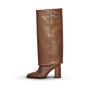 Imagem de Bota Feminina Com Capa Cano Longo Salto Grosso Marrom - Jessica Leal S