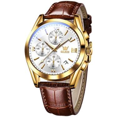 Imagem de Olevs Watch Men Leather Band Mens Watches Waterproof Sport Analog Fashion Watch Gold Tone Steel Quartz Wristwatch Men White Dial Chronograph Watch wit