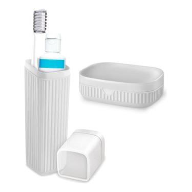 Imagem de Kit Estojo Porta Escovas Creme E Saboneteira Para Bolsa Mala Viagem - 