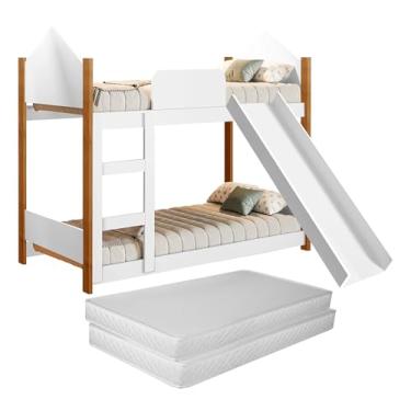 Imagem de Beliche Infantil Para Quarto Da Criança Mini Cama Berço Com Escorregador Resistente Magia Premium Com Grade Proteção Lateral Com Colchão Cor Branco