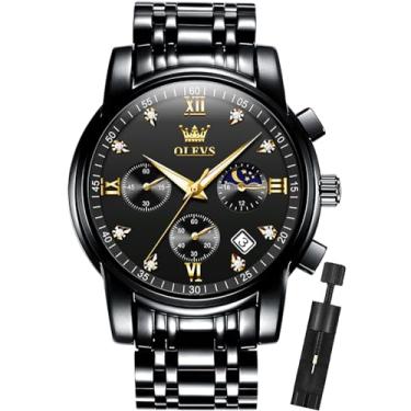 Imagem de OLEVS Relógio de pulso masculino com cronógrafo, de aço inoxidável, à prova d'água, luminoso, data, Todo balck, Clássico