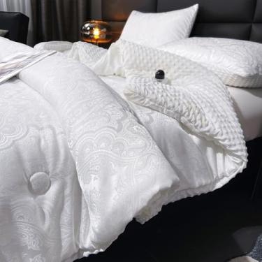 Imagem de tohrisa Conjunto de edredom jacquard – Conjunto de cama casal com estampa floral Paisley quente de luxo com 2 fronhas para todas as estações, macio e leve, design de bolha 3D (203 x 224 cm, branco)