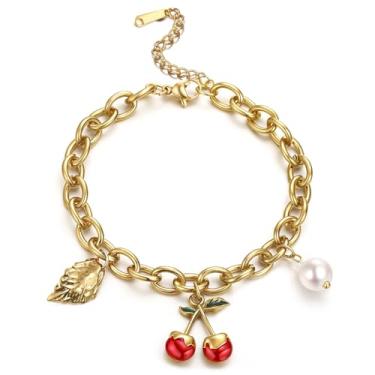 Imagem de hotoo Pulseira de corrente de coração com pingente de cereja delicada para mulheres, corrente de elos modernos de aço inoxidável, joia leve para festa, Natal, aniversário, presentes, One Size, Aço