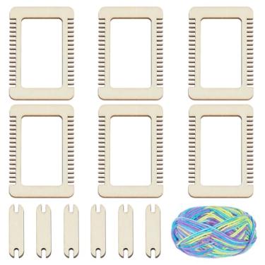 Imagem de WEBEEDY 13 peças mini kit de tear de tecelagem de madeira pequena ferramenta de tecelagem de madeira com 6 teares, 6 lançadeiras e 50 g de fio para adultos iniciantes, ferramentas de madeira para