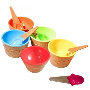 Imagem de Kit Sobremesa 5 Cestinhas Casquinha Coloridas + 5 Colheres – Sorvete, Frutas e Doces | Presente Criativo