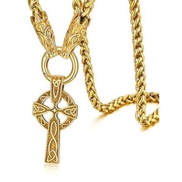 Imagem de ChainsHouse Joias nórdicas viking masculinas, cabeça de lobo/martelo Thor/pingente de cruz de nó celta com corrente grossa de 71 cm, colar de aço inoxidável/preto/dourado, caixa de presente enviada