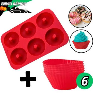 Imagem de Jogo Forma Donuts E 6 Forminhas Cupcake De Silicone Para Muffins Bolo 