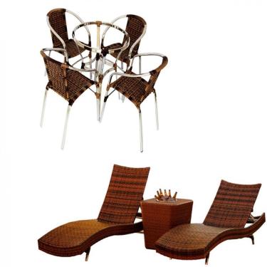 Imagem de 4 Cadeiras e Mesa com 2 Espreguiçadeiras Bona e Mesa com Balde em Alumínio para Jardim, Piscina e Área Trama