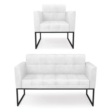Imagem de Kit 1 Sofá Namoradeira E 1 Poltrona Elisa Corano Branco Base Metálica Industrial Preto - D`rossi