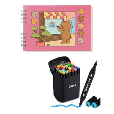 Imagem de Kit 24 Canetas De Ponta Dupla Para Pintar Livros de Colorir + Livro De Colorir Rosa de Capa Dura Holográfica com Acetato 50 desenhos A5 Livro Colorir com canetinhas Rosa