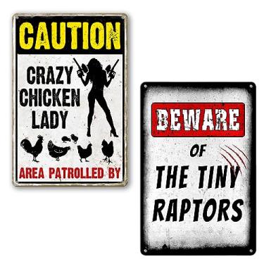 Imagem de zemioy Placas De Metal Para Galinheiro, Quintal Fazenda Ao Ar Livre, Divertidas, "Mulher Louca, Cuidado Com Os Pequenos Raptores", Acessórios, Galinhas, Decoração Cerca, Presentes, Pacote 2 Unidades