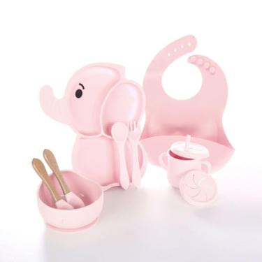 Imagem de Kit 10 Peças Introdução Alimentar Infantil Conjunto Papinha Pratinho Silicone Babador Anatomico Babador Copo Tigela Criança (Rosa)