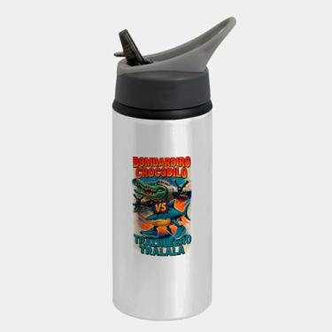 Imagem de Garrafa Squeeze Bico Prateada Premium 600ml - Bombardiro Crocodilo VS Tralalero Tralala Brainrot