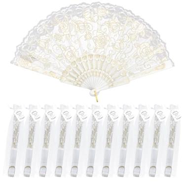 Imagem de EOSAU 12 pacotes de leques de mão dobráveis de renda branca para mulheres, dobráveis, ventiladores a granel portáteis para lembrancinhas de festa de casamento, chá de panela, igreja, dança, decoração