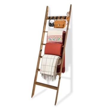 Imagem de Yacumx Escada de cobertor rústico para quarto e sala de estar – Rack de exibição de madeira marrom claro de 16 metros com 6 camadas e 5 ganchos (organizador de cachecol/toalha)