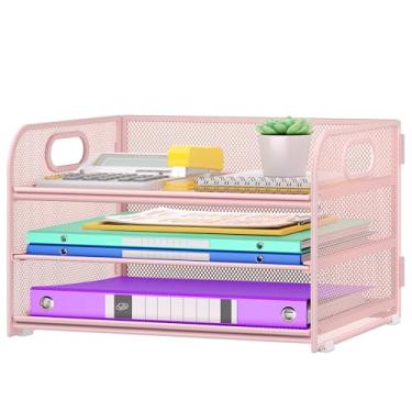 Imagem de Cawukege Organizador de papel de 3 camadas com alça, organizador de mesa de metal, bandeja de papel de malha, pasta de arquivos, classificador de documentos para sala de aula, escola, acessórios de