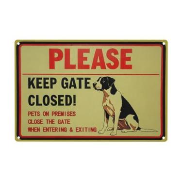 Imagem de Placa de metal vintage "Keep Gate Closed" com ilustração de dogue alemão - Placa de aviso de lata de 20 x 30 cm para decoração de quintal, casa, cozinha ou garagem - borda vermelha e texto preto para