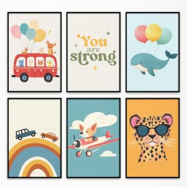 Imagem de 6 peças de arte de parede em tela de berçário, pôster com citação positiva "You're Strong", pintura divertida de guepardo usando sol, imagem peculiar de baleia e ônibus, decoração de parede de quarto