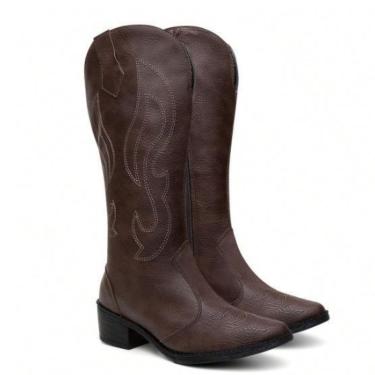 Imagem de Bota Feminina Cano Alto Anna Andrade Texana Western Bico Fino Bordada Salto Baixo Country Café  feminino