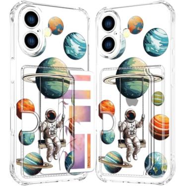 Imagem de ENDIY Compatível com capa para iPhone 16 com suporte de cartão para mulheres, design fofo, capas de telefone tipo carteira transparente e legal Kawaii protetora (planetas espaciais astronautas