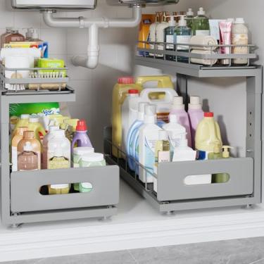 Imagem de Pacote com 2 organizadores sob a pia de 45 cm de profundidade com corrediças lisas de rolamento de esferas, armazenamento de armário de 2 camadas, gavetas deslizantes para banheiro e cozinha