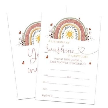 Imagem de Conjunto de convite para chá de bebê com tema arco-íris boêmio, Little ray of Sunshine está quase aqui, 25 cartões de convite para chá de bebê com envelopes, revelação de gênero, decoração e