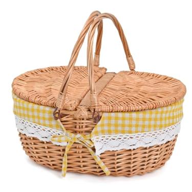 Imagem de Cesta de piquenique grande de vime de 39 cm com forro removível, cestas de piquenique vazias com tampa, cesto de piquenique com alças dobráveis para piquenique, xadrez amarelo, grande