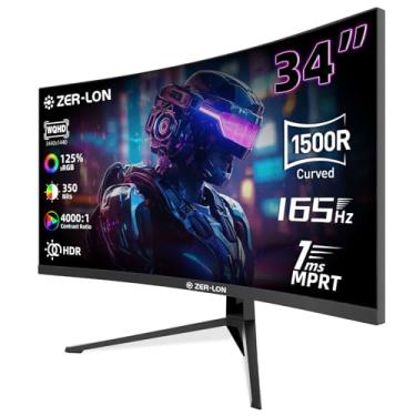 Imagem de ZER-LON Monitor de jogos curvo de 34 polegadas, monitores de computador Ultrawide 21:9 WQHD 3440×1440 165Hz, 1500R 1ms (MPRT), 125% sRGB, 350nits, FreeSync, HDMI 2.0 x2, DP1.4 x2, montável na parede