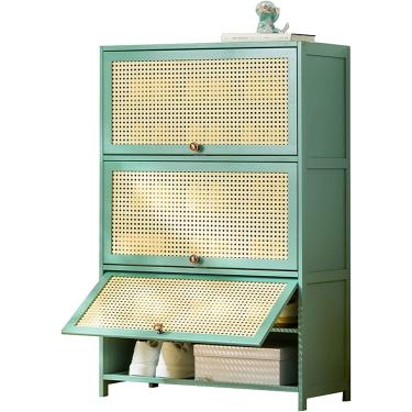 Imagem de Armário De Sapatos De Bambu Verde Com Portas De Rattan, Organizador De Sapatos De 10 Níveis Para Entrada, Corredor, Banheiro & Cozinha - Armário De Armazenamento Moder, Nature, 10tiers-27.6"