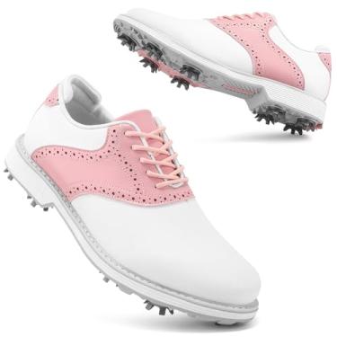 Imagem de Ifrich Tênis feminino profissional de golfe Spikes à prova d'água tênis esportivo de golfe feminino com pontas, Branco, rosa, 40