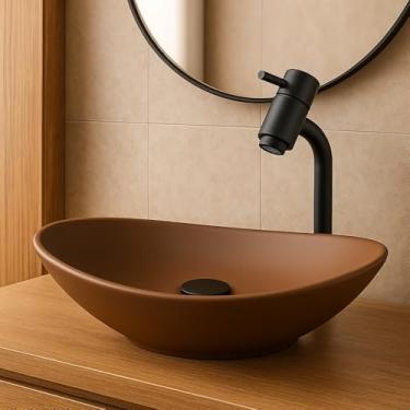 Imagem de KIT CUBA P/BANHEIRO OVAL COM TORNEIRA ALTA + VALVULA CLICK UP INTELIGENTE - MARROM MATTE