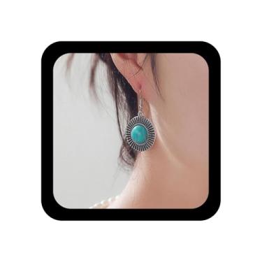 Imagem de Ximdble Brincos vintage redondos turquesa, brincos de pedra azul, tribal, turquesa, retrô, pingente de gancho, joia redonda para mulheres