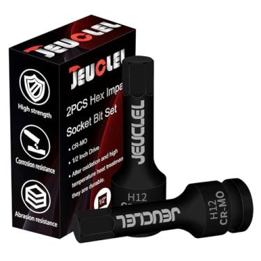 Imagem de JEUCLEL 2 peças de soquete sextavado de 12 mm, soquete Allen de acionamento de impacto H12 de 1/2 polegada, adaptador de chave de fenda sextavada de aço Cr-Mo para chaves catracas elétricas parafusos