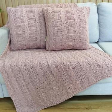 Imagem de Kit Manta Tricot Luxo 150x90cm + 2 Almofadas com Enchimento | Zíper Invisível | Fibra Siliconada | Sofá Sala | Xale Decorativo Elegante d05 (Rosa Ballet)
