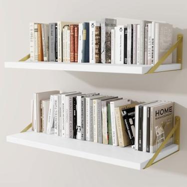 Imagem de Prateleiras de parede profundas 76 cm L x 30 cm P Prateleiras flutuantes de madeira projetada para parede, suporte de metal resistente (ouro) Estantes de livros para decoração de casa, sala de estar