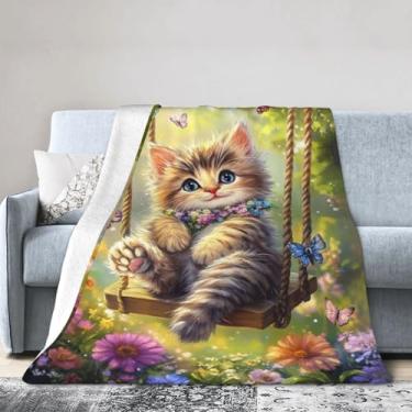 Imagem de Manta engraçada de gato, presentes para meninas, meninos, borboletas, cobertores, gato fofo em um balanço, lã flanela, flores macias e leves, pelúcia para crianças, homens, mulheres, cama, sofá
