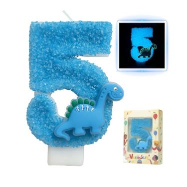 Imagem de Vela de aniversário número 5 de dinossauros que brilham no escuro – Vela de bolo grande com glitter azul de 8 cm para meninos, festa de dinossauro de 5º aniversário