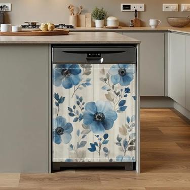 Imagem de Capa de ímã floral vintage azul para lava-louças, capa frontal para lava-louças, capa magnética decorativa reutilizável para eletrodomésticos Kitcen 58 x 66 cm