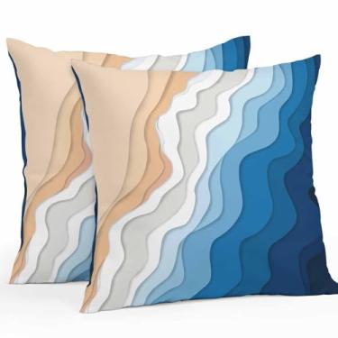 Imagem de DOME-SPACE Capas de almofada abstratas azuis bege degradê listradas ao ar livre 50,8 x 50,8 cm, pacote com 2 fronhas à prova d'água, litoral, oceano, praia, ondas, decorativas, para pátio, sofá, sofá