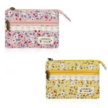 Imagem de FuninCrea 2 porta-moedas para mulheres, bolsa de moedas com estampa floral com 2 bolsos com zíper, bolsa de troca de algodão para guardar chaves de cartão, Rosa + amarelo, 11 x 10.5 x1.7 cm, Estilo