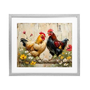 Imagem de Stupell Industries Impressão emoldurada cinza de galos florais Country Chic design sob vidro por LSR Creative Studio, 43 x 53