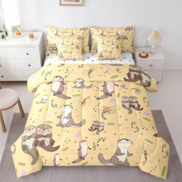 Imagem de Erosebridal Jogo de cama casal de lontras marinhas com estampa de lontras de colo de 7 peças, para crianças, meninos, homens, folhas, carpos, peixes, caramelo, estrelado, bege, amarelo e leve em uma