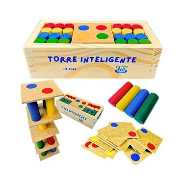 Imagem de Jogo Torre Inteligente em Madeira Brinquedo Educativo Premium com Estojo e Pinos Coloridos Super Divertido pedagogico autismo (63 PEÇAS)