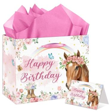 Imagem de Conjunto de sacolas de presente de aniversário com tema de cavalo para meninas - Bolsa grande de presente de cavalo rosa com cartão de aniversário e papel de seda - perfeita para amantes de cavalos