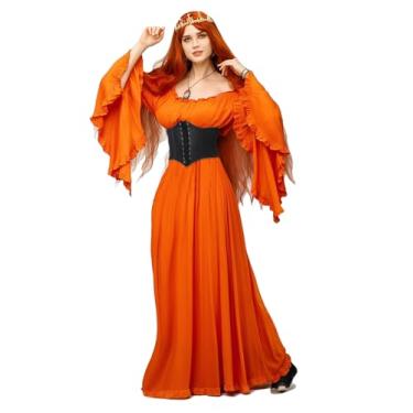 Imagem de BITSEACOCO Vestido feminino renascentista de fantasia vitoriana, fantasia de Halloween, cosplay medieval, bruxa, princesa (M, laranja)