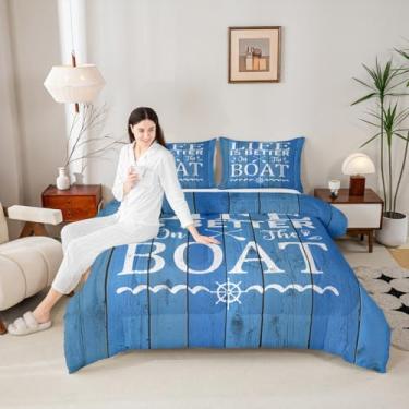 Imagem de Conjunto de edredom infantil Lake House, tamanho casal, azul vintage, tábuas de madeira, decoração de quarto/cabana, edredom náutico com remo de barco, enchimento de edredom rústico para casa de