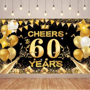 Imagem de Decorações de aniversário de 60 anos de ouro preto de 1,8 x 1,1 m - Pano de fundo de banner de aniversário de Cheers to 60 anos, suprimentos de festa com glitter para mulheres e homens, placa grande