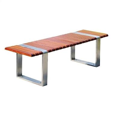 Imagem de Banco externo Bancos de parque modernos sem encosto, bancos externos com moldura de aço inoxidável e assentos de ripas, assentos de lazer duráveis de 148 cm para jardim, pátio, caminho, deck, bancos